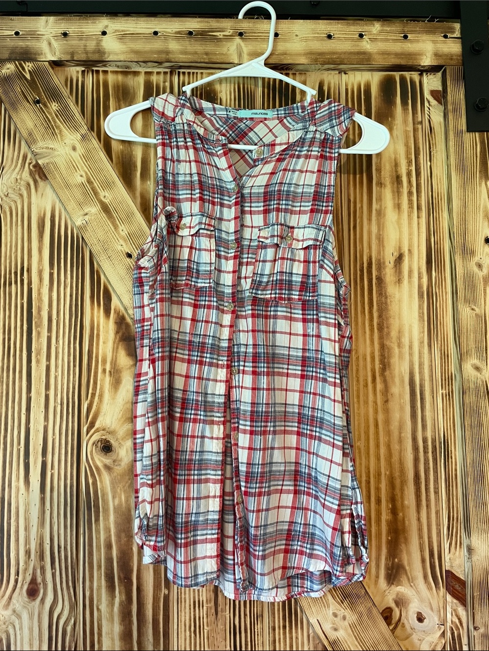 Sleeveless Red Plaid Button-Front Top